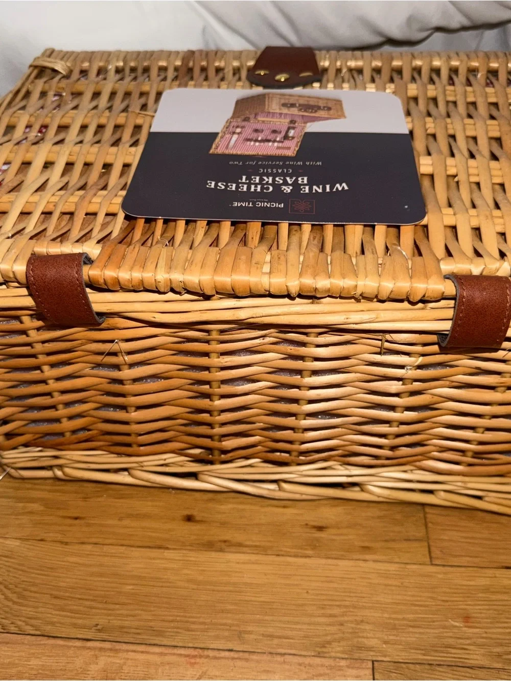 Classic Wicker Wine & Cheese Picnic Basket - Red Gingham Lining